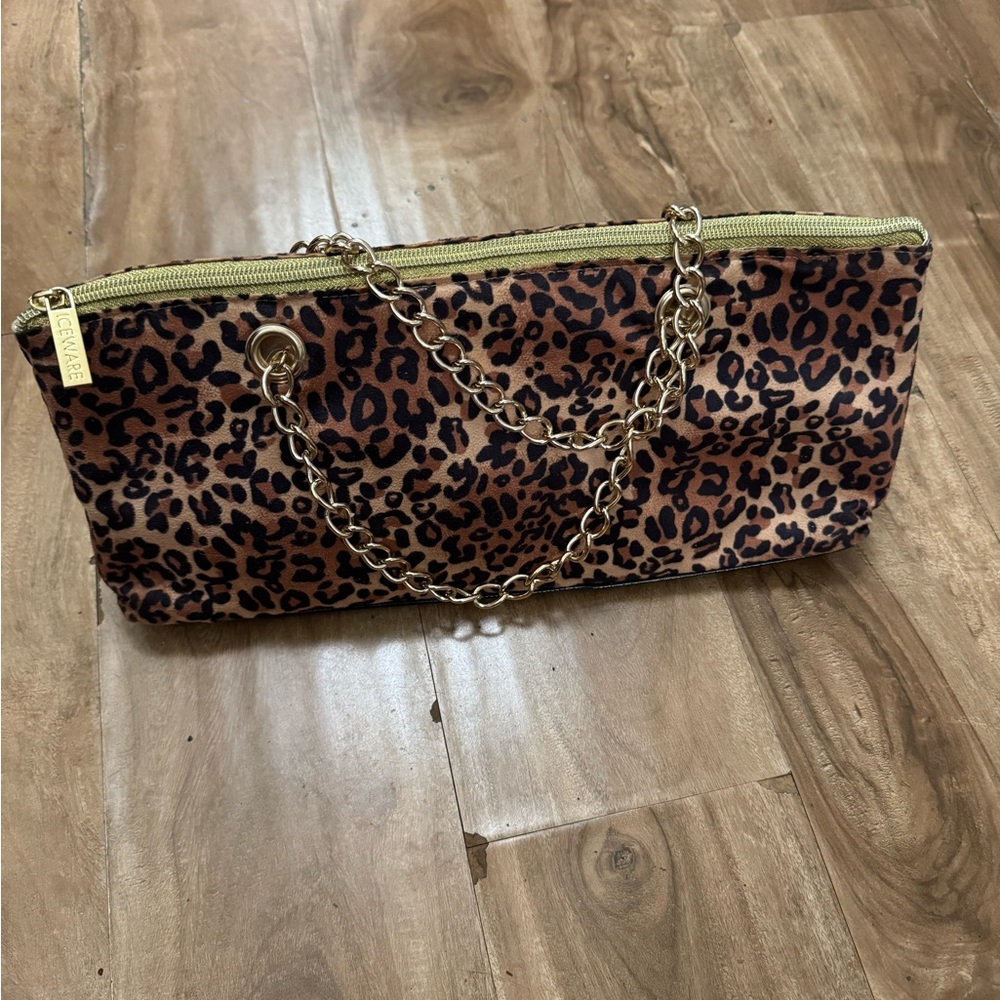 Leopard Print Cosmetic Bag with Gold Chain